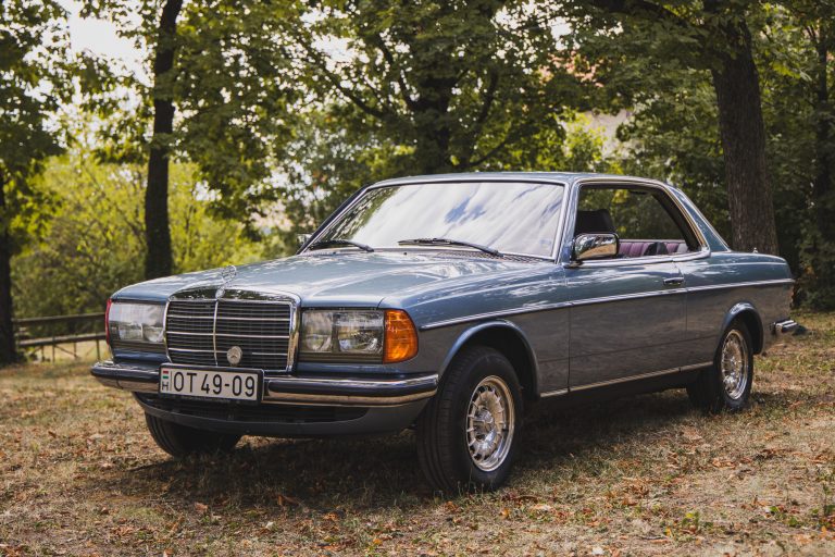 Az oldtimer Mercedes elölről, a fák alatt