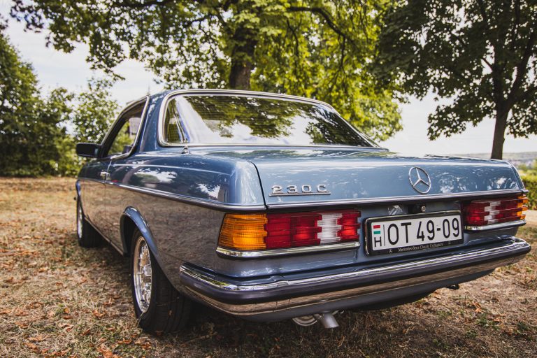 Az oldtimer Mercedes hátulról a kertben
